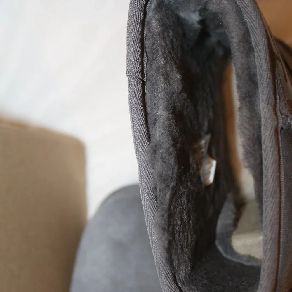 NEW UGG MINI LOGO SUEDE SHEARLING LINED ANKLE WINTER BOOTS‎ GRAY BLACK
